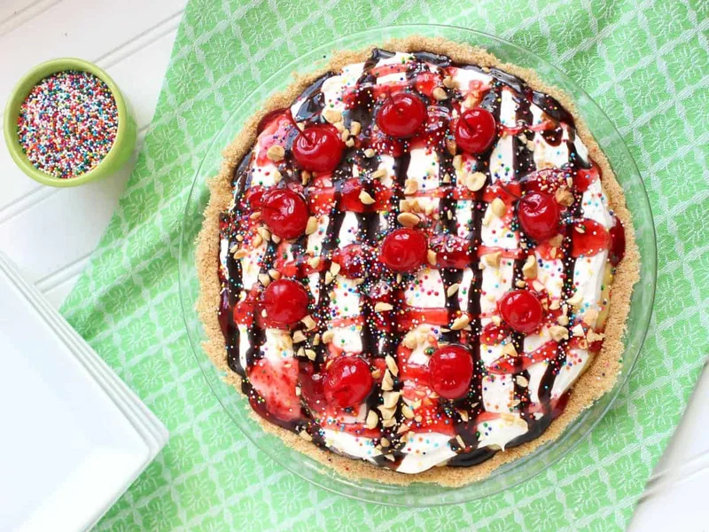 No-Bake Banana Split Pie with Wafer Crust