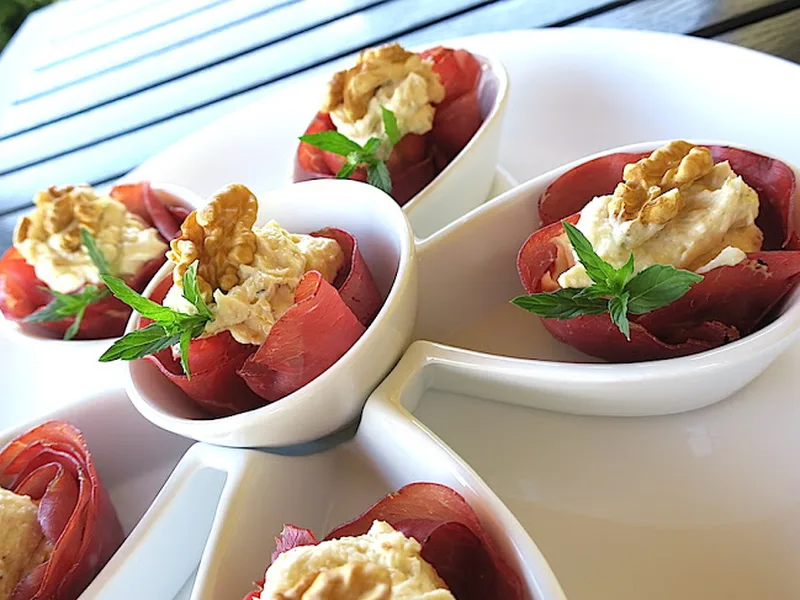 Baked Bresaola Cups with Mascarpone Walnut Filling