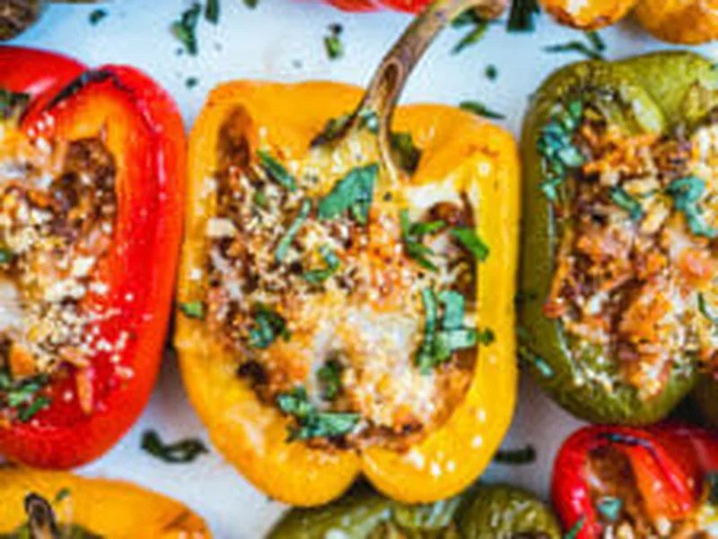Stuffed Bell Peppers with Walnut Mushroom Rice Filling
