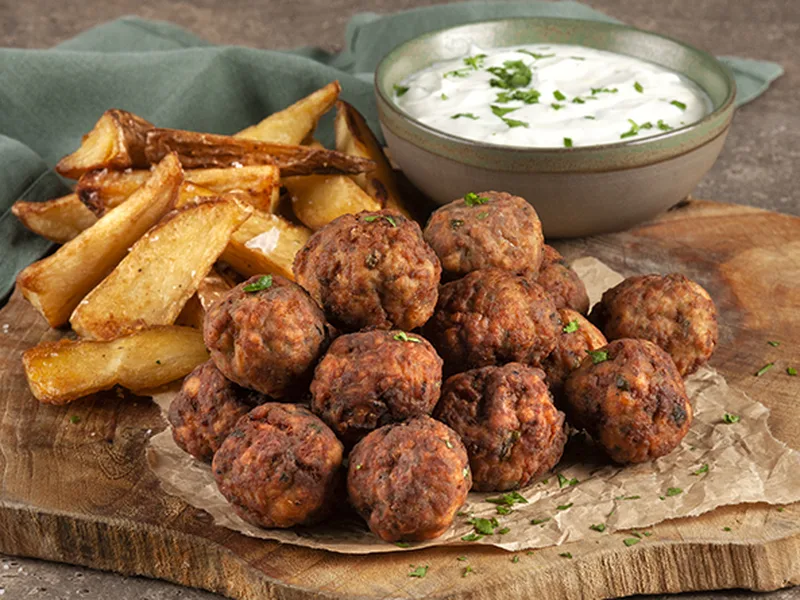 Greek Meatballs and Fries with Yogurt Sauce