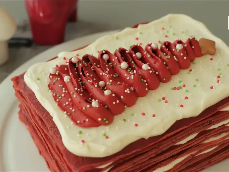 Christmas Red Velvet Crepe Cake with Cream Cheese