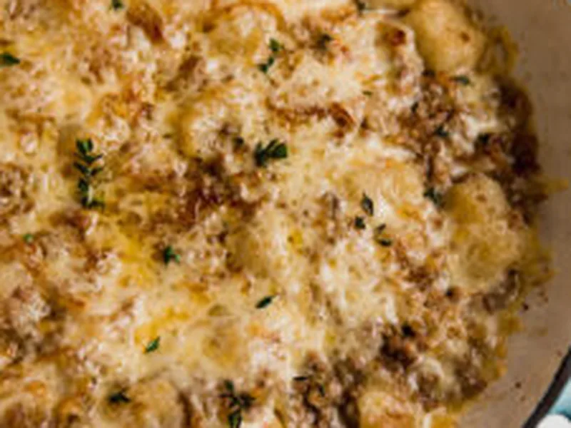 French Onion Cauliflower Gnocchi Skillet with Ground Beef