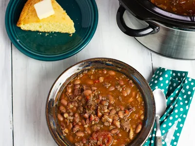 Crock Pot Cowboy Bean Soup with Ground Beef and Bacon