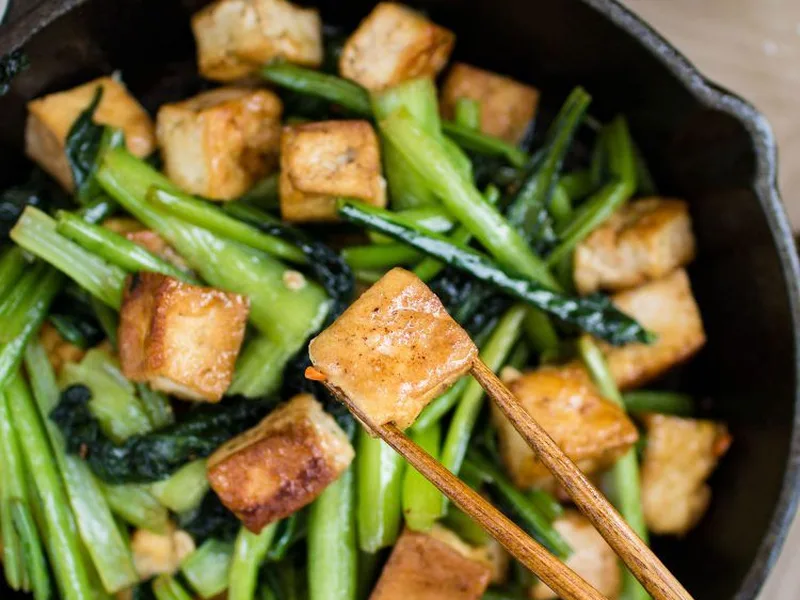 Pan-Fried Tofu and Bok Choy in Garlic Soy Sauce