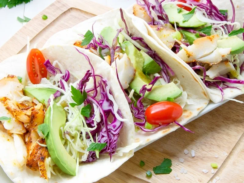 Blackened Cod Fish Tacos with Spiced Cabbage Slaw