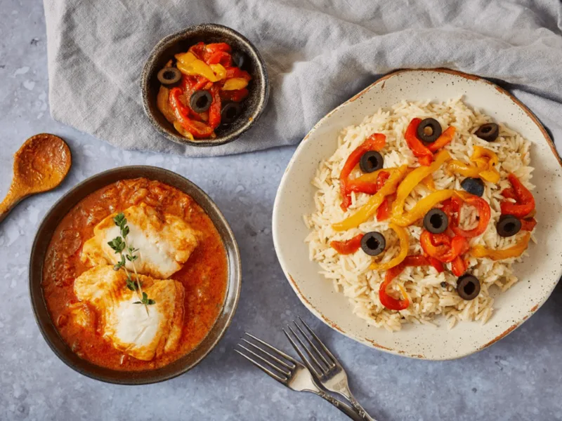 Pan-Seared Cod Yassa with Butter Rice and Roasted Peppers