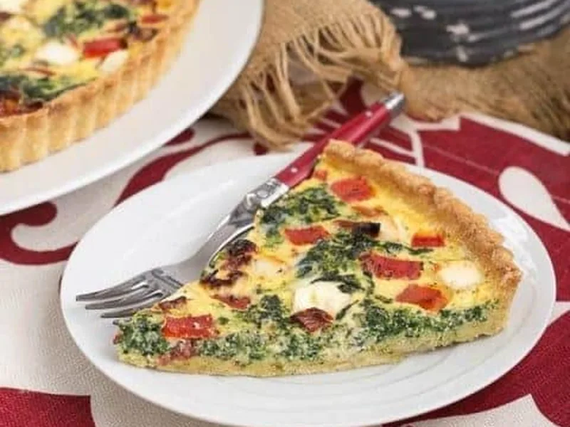Sun-Dried Tomato Spinach Feta Quiche with Roasted Peppers