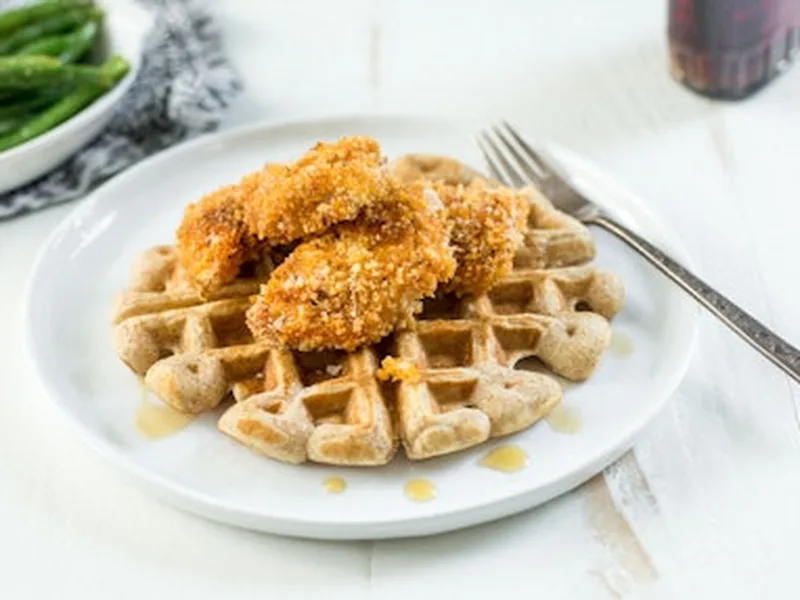 Crispy Baked Chicken and Waffles with Green Bean Salad