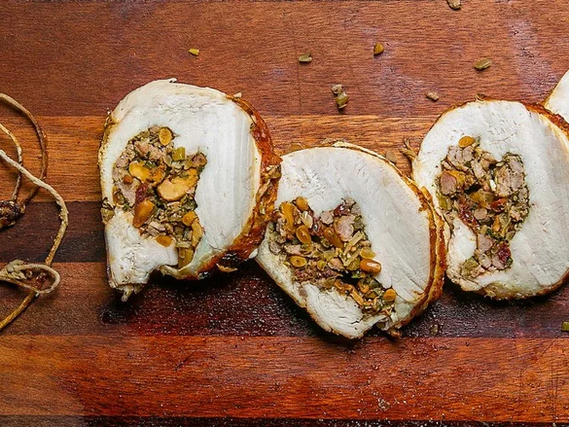 Turkey Roulade with Dried Cherry and Italian Sausage Stuffing
