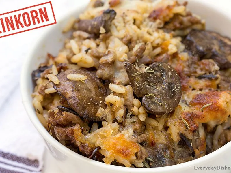 Einkorn Wild Rice Beef Casserole with Creamy Mushroom Sauce
