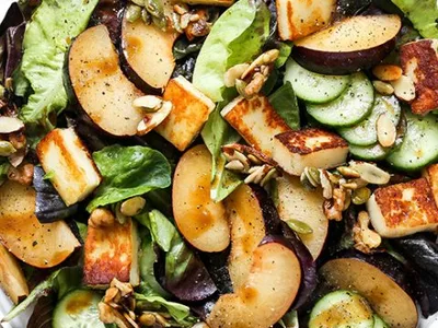 Crispy Halloumi and Plum Salad with Maple-Nut Clusters