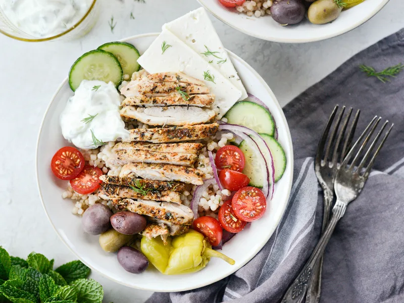 Greek Chicken Couscous Bowl with Roasted Chicken