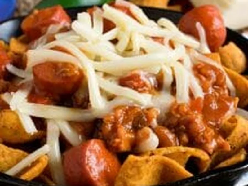Loaded Corn Chip Chili Bowl with Sausage and Hot Dogs