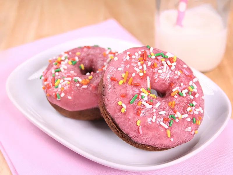 Pumpkin Cake Mix Chocolate Donuts with Pink Frosting