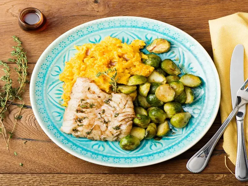 Maple-Balsamic Glazed Cod with Butternut Mash Brussels Sprouts