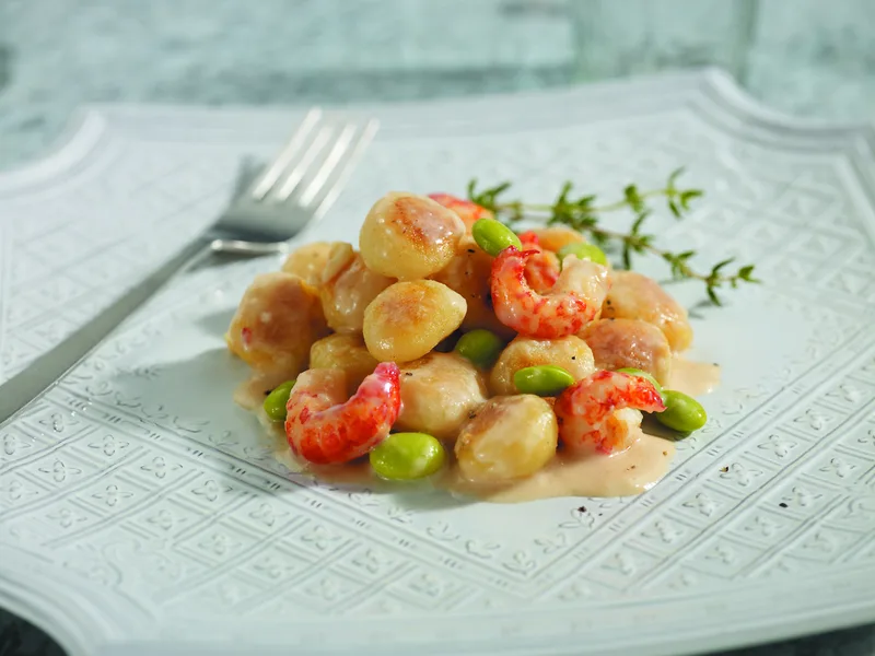 Homemade Potato Gnocchi with Crawfish Mascarpone and Edamame