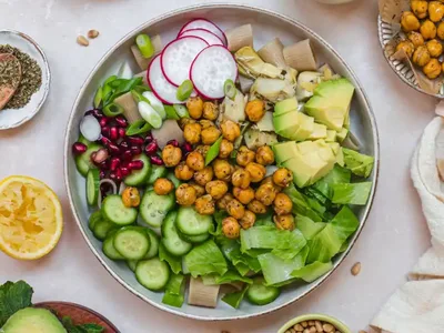 Crispy Chickpea Caesar Pasta Salad with Tofu Dressing