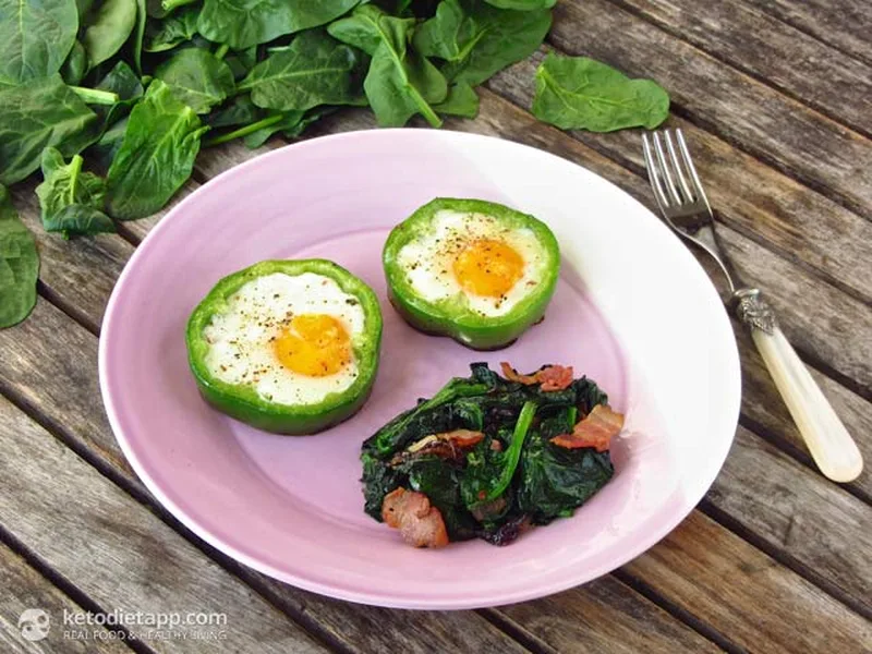 Shamrock Eggs in Bell Pepper Rings with Braised Spinach