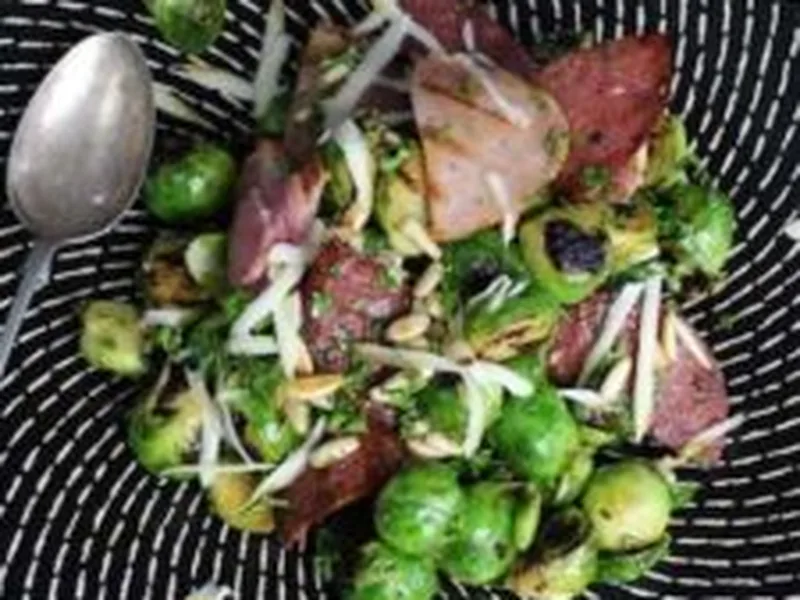 Grilled Brussels Sprouts with Salami and Smoked Mozzarella