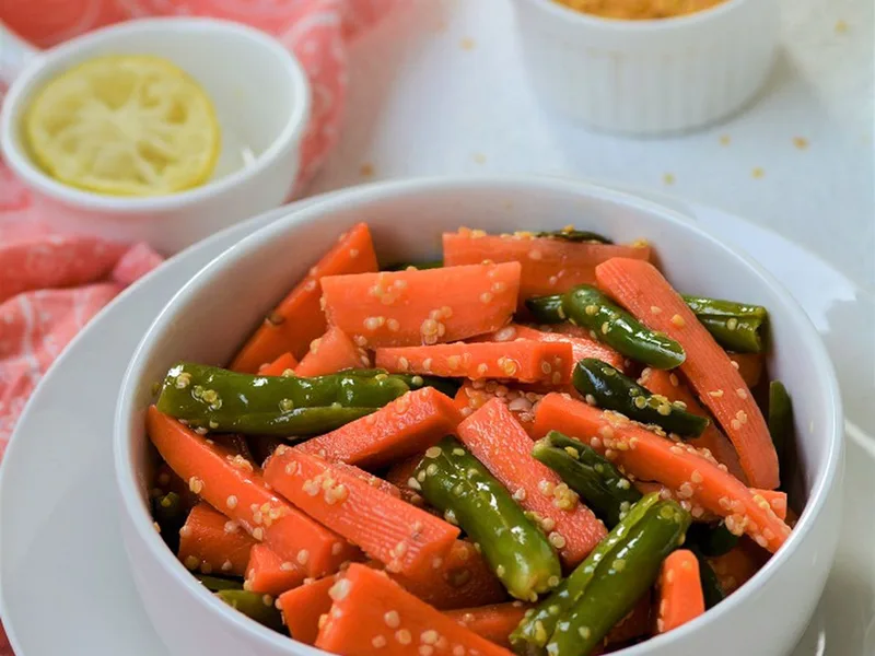Instant Carrot and Green Chili Pickle - Quick Indian Pickled Vegetables