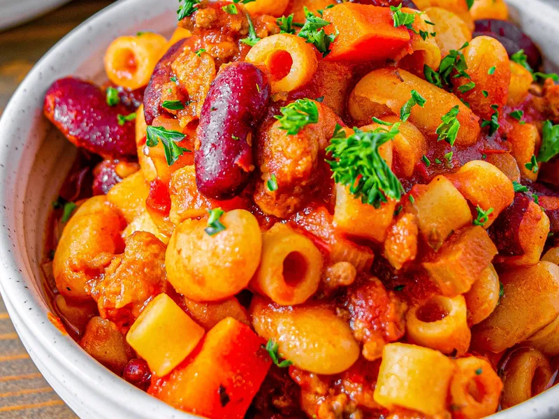 Slow Cooker Pasta Fagioli with Beef and Sausage