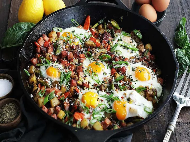 Spring Vegetable Hash with Ham and Eggs