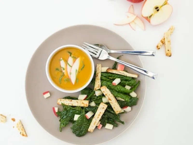 Pureed Ginger Butternut Squash Soup with Kale Apple Salad
