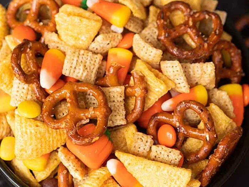 Halloween Chex Mix with Candy Corn and Reese's Pieces