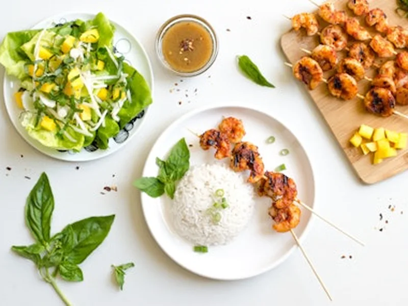 Red Curry Glazed Tofu with Coconut Rice and Fresh Mango Salad