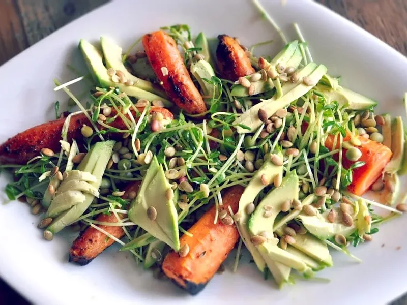 Winter Roasted Carrot Avocado Salad with Pumpkin Seeds