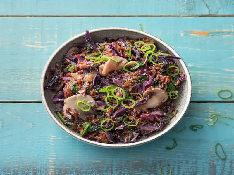 Red Rice Stir-Fry Bowl with Mushrooms, Spinach and Cabbage