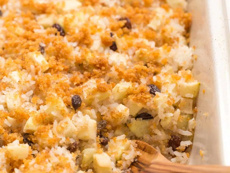 Baked Apple Rice Pudding with Cinnamon and Panko Topping