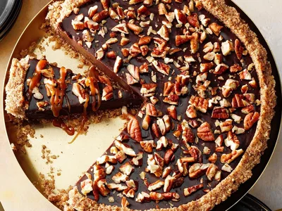 Chocolate Pecan Turtle Tart with Homemade Caramel Sauce