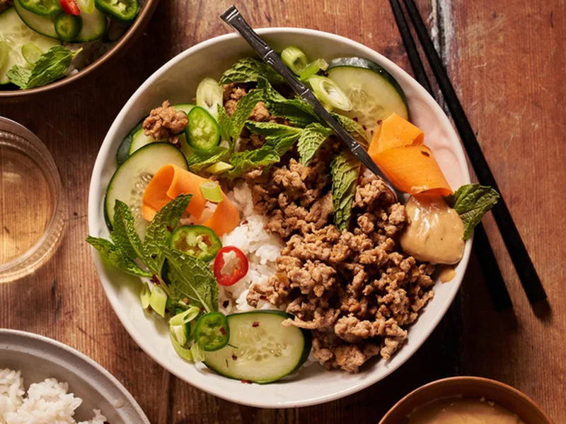 Thai Ginger Pork Bowls with Peanut Sauce