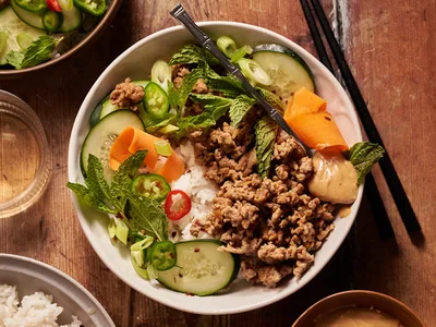 Thai Ginger Pork Bowls with Peanut Sauce