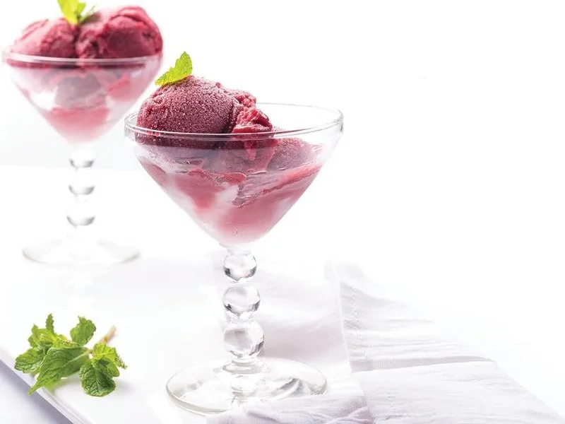 Fresh Berry Rhubarb Sorbet with Strawberries and Blueberries