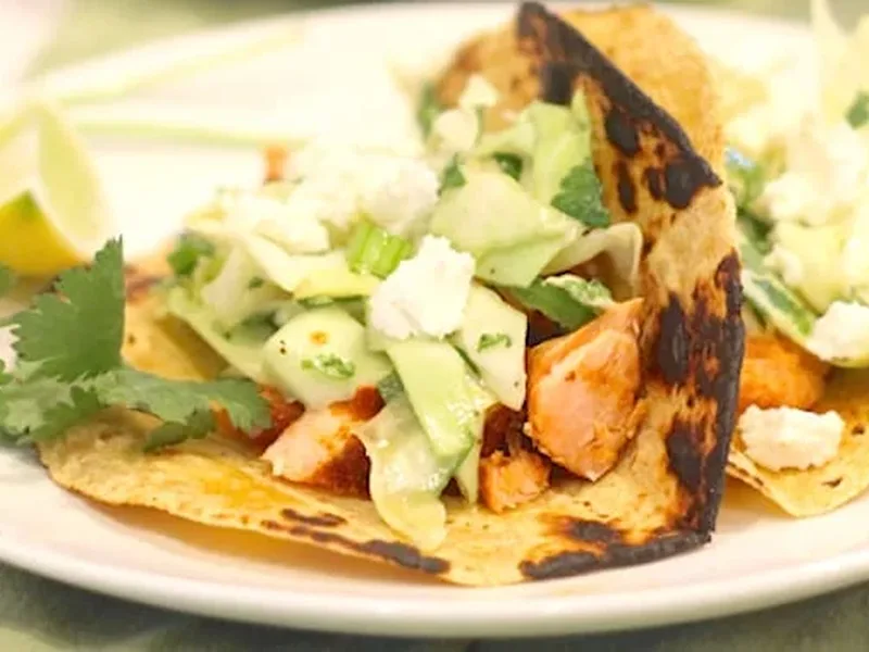 Spiced Salmon Tacos with Cilantro Jalapeño Slaw