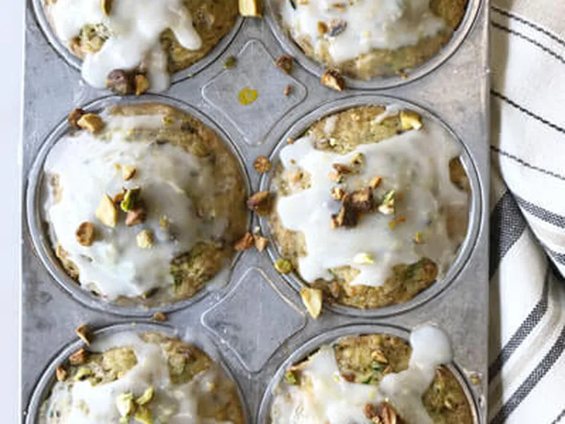 Pistachio Zucchini Muffins with Lemon Glaze
