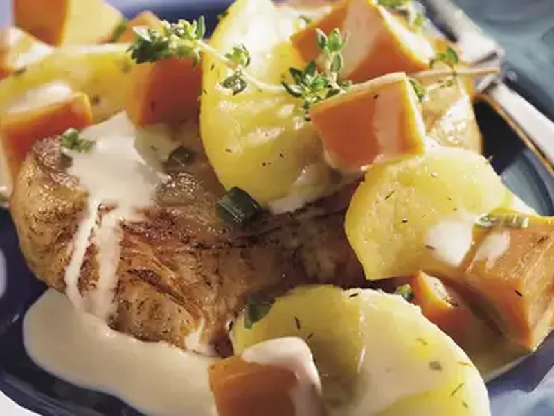 Skillet Pork Chops with Sweet Potatoes and Apple Brandy Cream