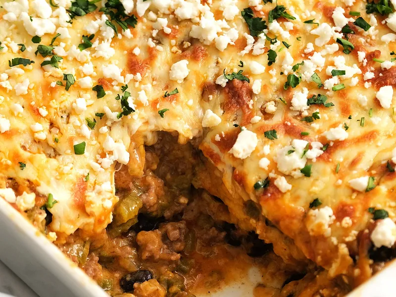 King Ranch Beef Casserole with Green Chiles and Three Cheeses