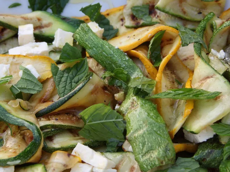 Grilled Courgette Feta Mint Salad with Lemon Garlic Dressing