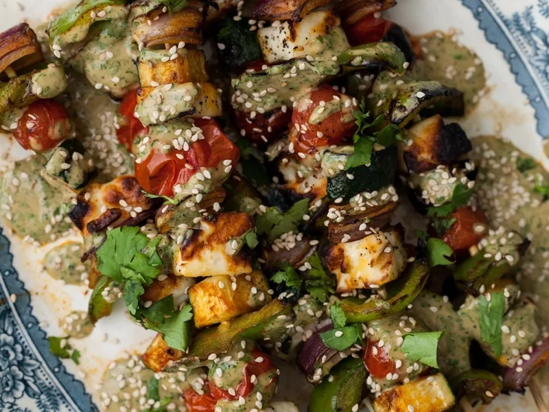 Grilled Halloumi and Vegetable Skewers with Cilantro-Tahini Sauce