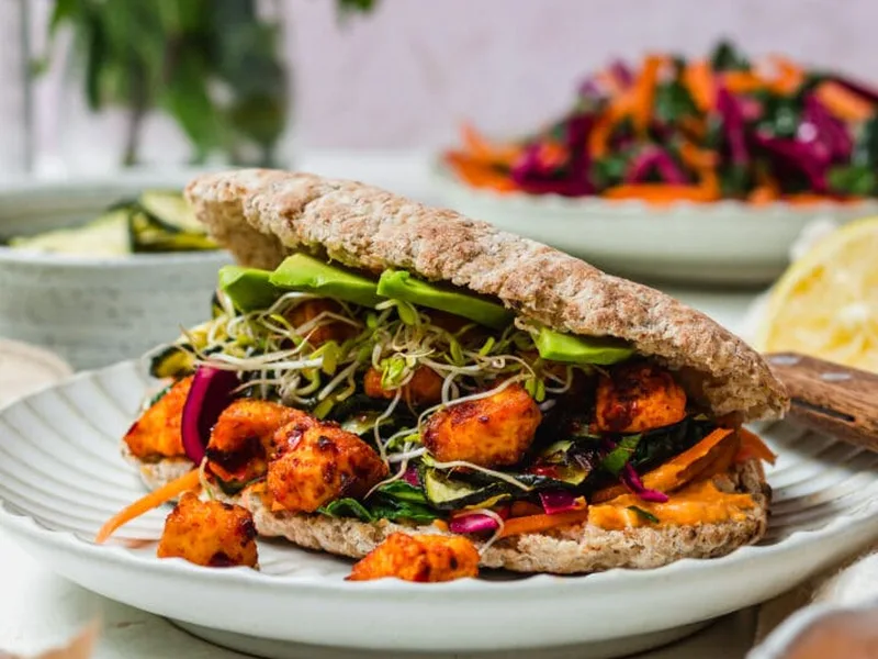 Harissa Tofu Courgette Pittas with Coconut Yoghurt