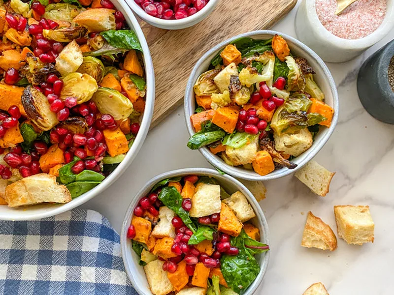 Roasted Sweet Potato Panzanella with Pomegranate
