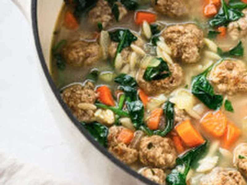 Italian Wedding Soup with Cassava Orzo and Herb Meatballs