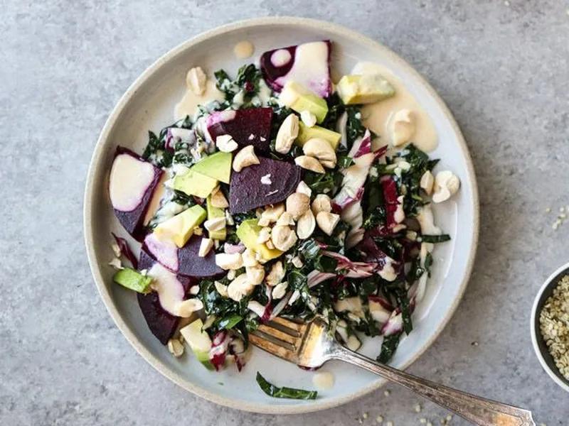 Kale Salad with Tahini Dressing and Roasted Beets
