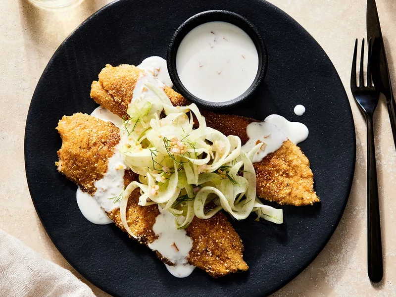 Cornmeal-Crusted Trout with Preserved Lemon Yogurt and Fennel Slaw