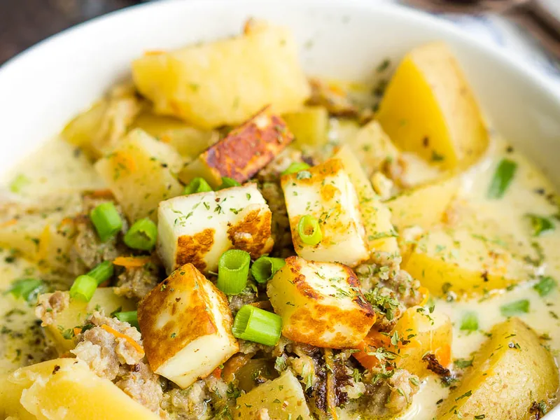 Creamy Sausage Potato Soup with Toasted Halloumi