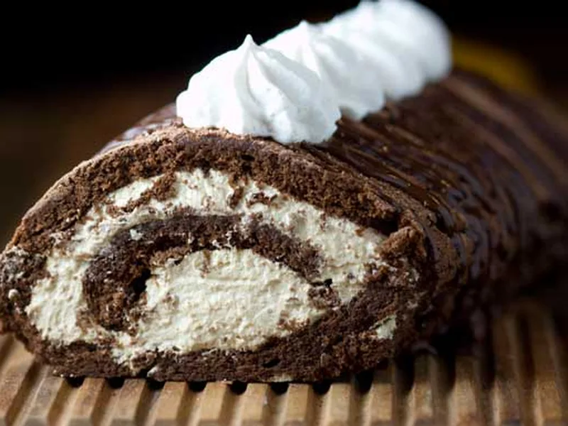 Chocolate Cake Roll with Cappuccino Cream and Ganache Drizzle