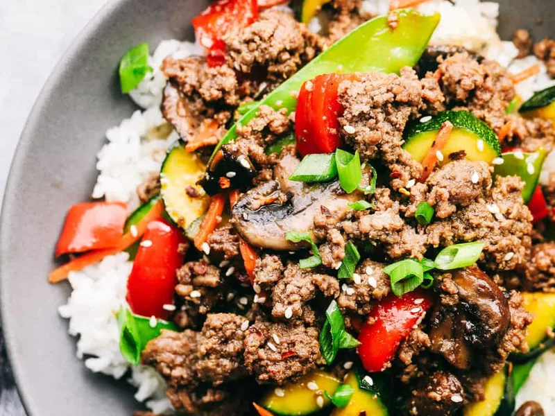 Korean Ground Beef Stir Fry with Vegetables and Brown Sugar Glaze